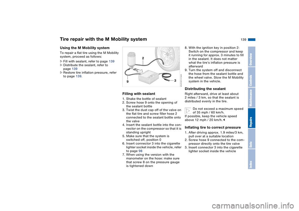 BMW M3 COUPE 2006 E46 Owners Manual 139
Using the M Mobility systemTo repair a flat tire using the M Mobility 
system, proceed as follows:
>Fill with sealant, refer to page 139
>Distribute the sealant, refer to 
page 139
>Restore tire i