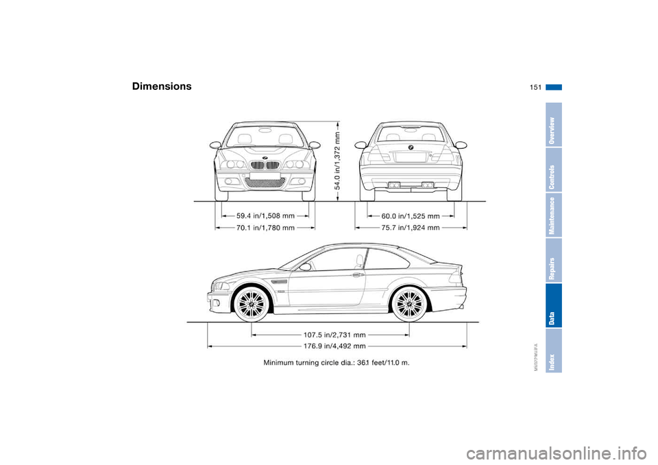 BMW M3 COUPE 2006 E46 Owners Manual 151
Dimensions
OverviewControlsMaintenanceRepairsDataIndex 