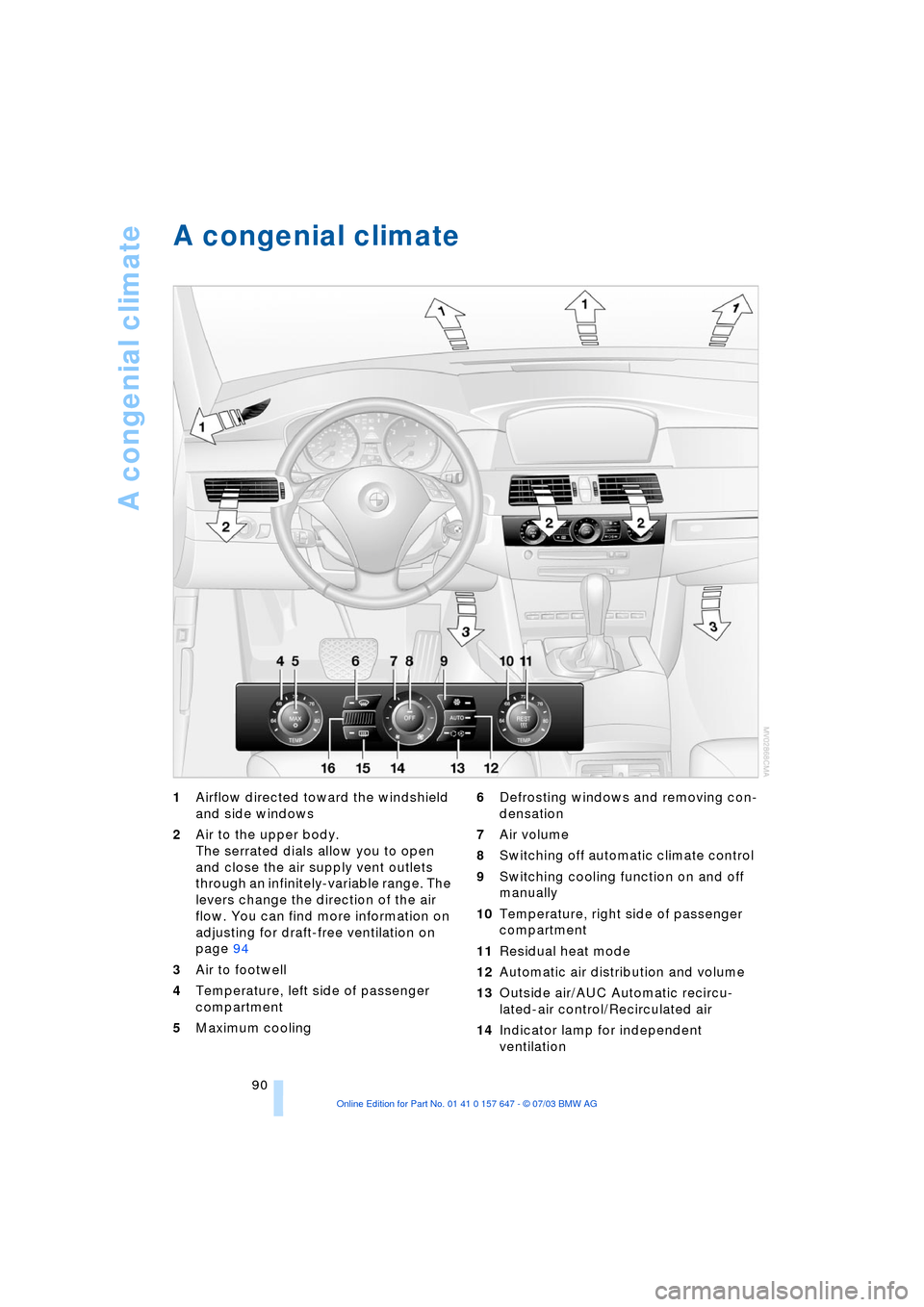 BMW 545I SEDAN 2004 E60 Owners Manual A congenial climate
90
A congenial climate 
1Airflow directed toward the windshield 
and side windows 
2Air to the upper body. 
The serrated dials allow you to open 
and close the air supply vent outl