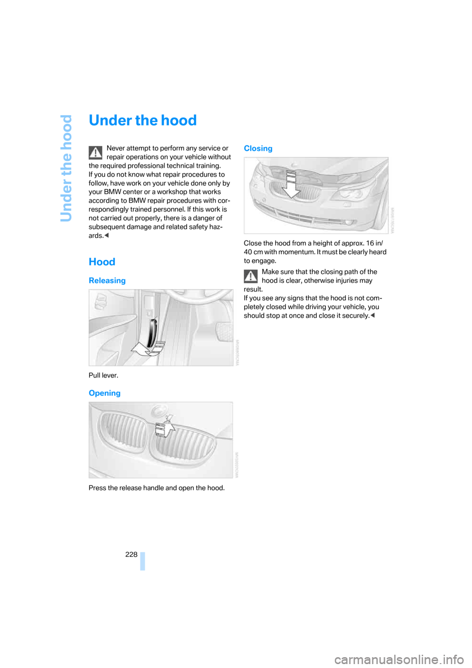 BMW 535XI SEDAN 2007 E60 Owners Manual Under the hood
228
Under the hood
Never attempt to perform any service or 
repair operations on your vehicle without 
the required professional technical training. 
If you do not know what repair proc