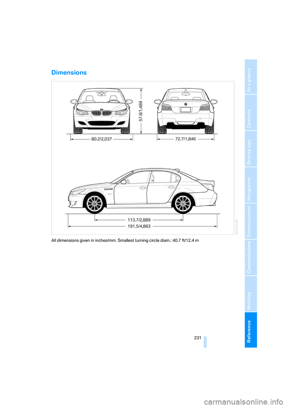 BMW M5 SEDAN 2008 E60 Owners Manual Reference 231
At a glance
Controls
Driving tips
Communications
Navigation
Entertainment
Mobility
Dimensions
All dimensions given in inches/mm. Smallest turning circle diam.: 40.7 ft/12.4 m 