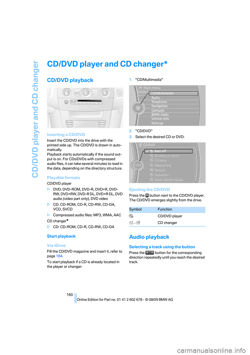 BMW 550I SEDAN 2010 E60 Owners Manual CD/DVD player and CD changer
160
CD/DVD player and CD changer
CD/DVD playback
Inserting a CD/DVD
Insert the CD/DVD into the drive with the 
printed side up. The CD/DVD is drawn in auto-
matically.
Pla