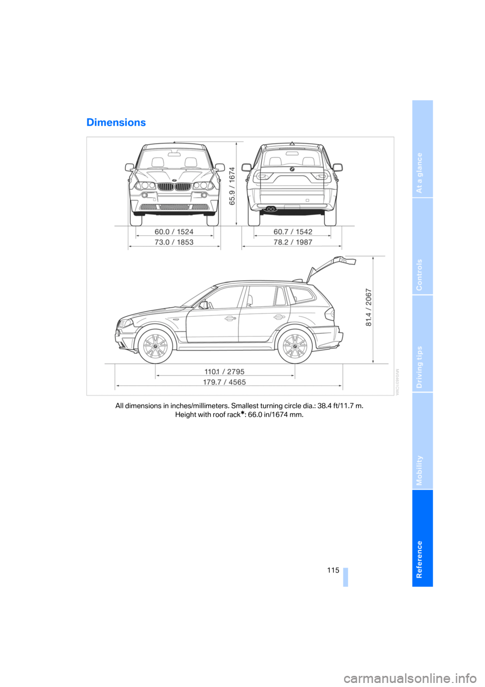 BMW X3 3.0I 2006 E83 Owners Manual Reference
At a glance
Controls
Driving tips
Mobility
 115
Dimensions
All dimensions in inches/millimeters. Smallest turning circle dia.: 38.4 ft/11.7 m. 
Height with roof rack
*: 66.0 in/1674 mm. 