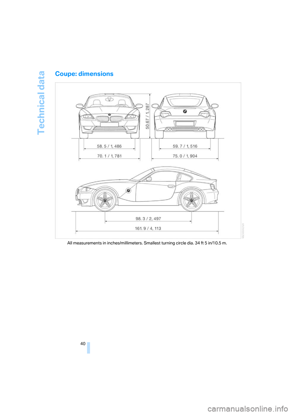 BMW Z4M COUPE 2007 E86 Owners Manual Technical data
40
Coupe: dimensions
All measurements in inches/millimeters. Smallest turning circle dia. 34 ft 5 in/10.5 m.
ba5.book  Seite 40  Mittwoch, 28. Februar 2007  1:09 13 