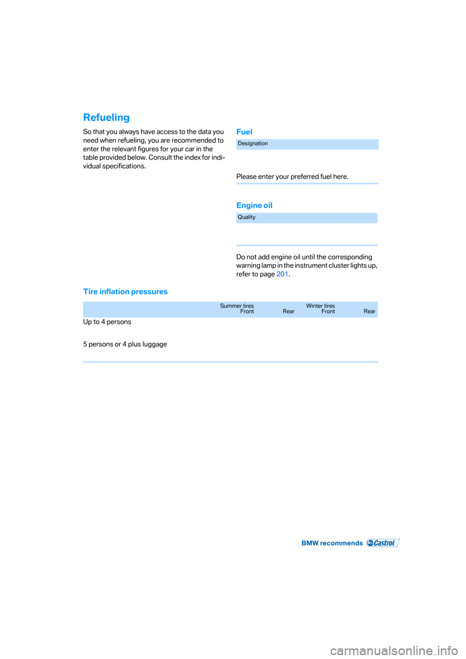 BMW 325XI SEDAN 2006 E90 Owners Manual Refueling
So that you always have access to the data you 
need when refueling, you are recommended to 
enter the relevant figures for your car in the 
table provided below. Consult the index for indi-