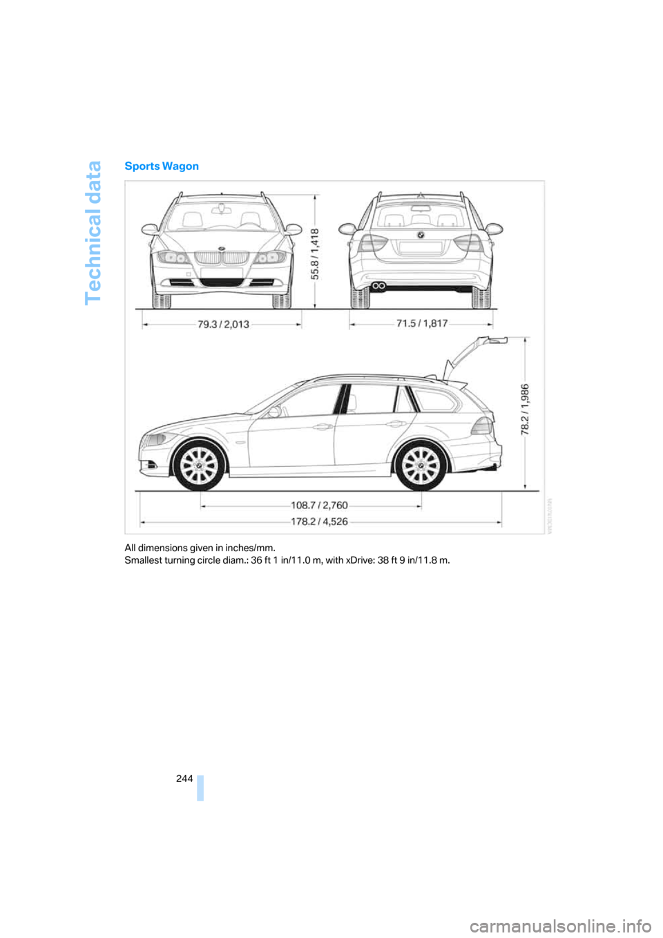 BMW 335XI SEDAN 2008 E90 Owners Manual Technical data
244
Sports Wagon
All dimensions given in inches/mm. 
Smallest turning circle diam.: 36 ft 1 in/11.0 m, with xDrive: 38 ft 9 in/11.8 m. 