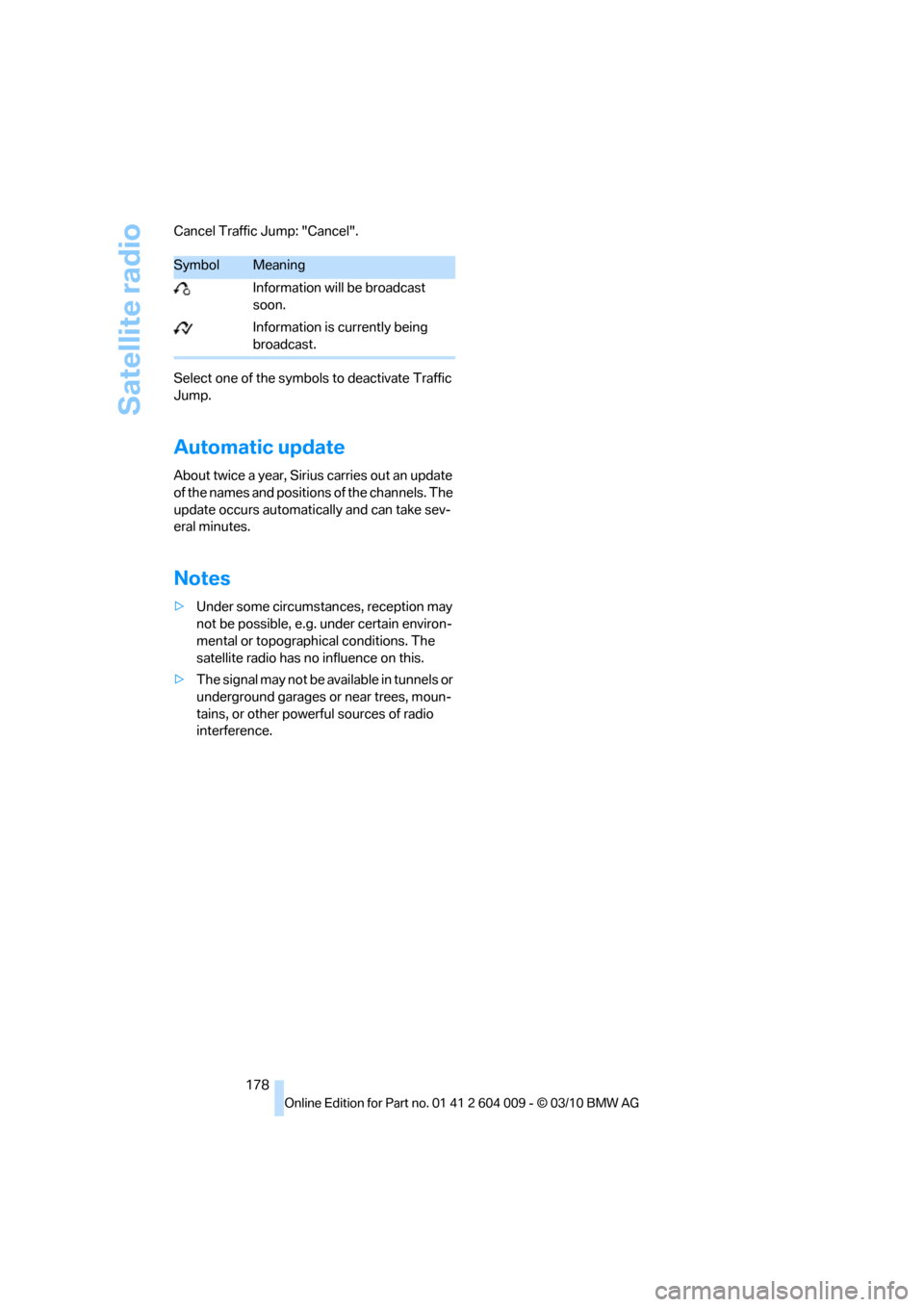 BMW X6 2012 E71 Owners Manual Satellite radio
178 Cancel Traffic Jump: "Cancel".
Select one of the symbols to deactivate Traffic 
Jump.
Automatic update
About twice a year, Sirius carries out an update 
of the names and positions 