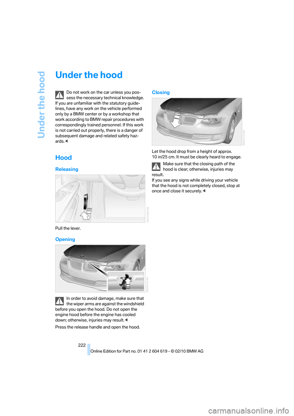 BMW 328I COUPE 2011 E93 Owners Manual Under the hood
222
Under the hood
Do not work on the car unless you pos-
sess the necessary technical knowledge.
If you are unfamiliar with the statutory guide-
lines, have any work on the vehicle pe BMW 328I COUPE 2011 E93 Owners Manual Under the hood
222
Under the hood
Do not work on the car unless you pos-
sess the necessary technical knowledge.
If you are unfamiliar with the statutory guide-
lines, have any work on the vehicle pe