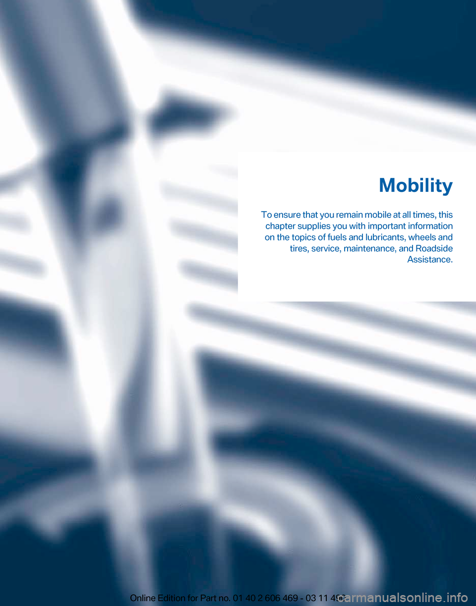 BMW 550I XDRIVE 2011 F10 Owners Manual Mobility
To 
ensure that you remain mobile at all times, this
chapter supplies you with important information
on the topics of fuels and lubricants, wheels and tires, service, maintenance, and Roadsid