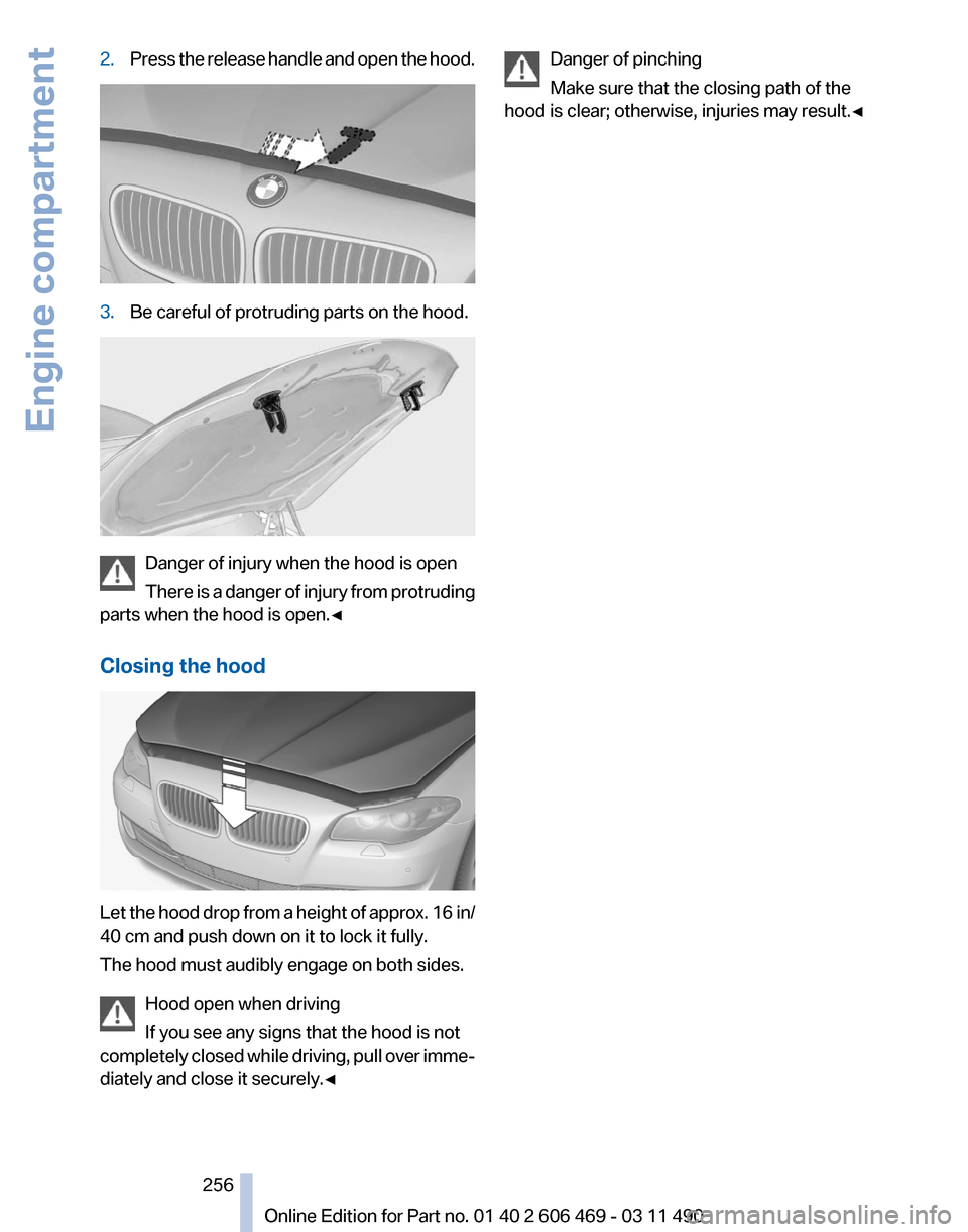 BMW 550I XDRIVE 2011 F10 Owners Manual 2.
Press the release handle and open the hood. 3.
Be careful of protruding parts on the hood. Danger of injury when the hood is open
There 
is a danger of injury from protruding
parts when the hood is