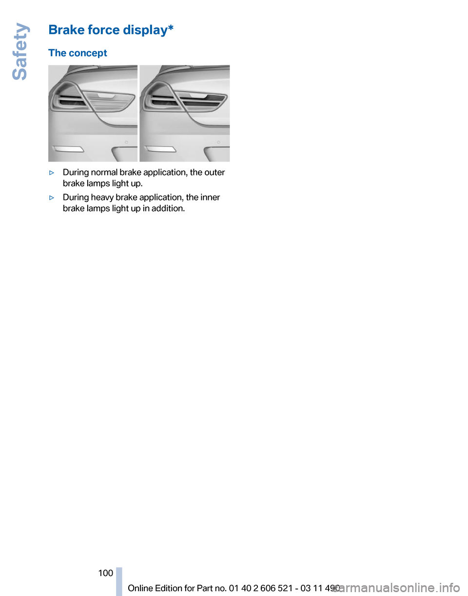 BMW 650I 2012 F12 Owners Manual Brake force display*
The concept
▷
During normal brake application, the outer
brake lamps light up.
▷ During heavy brake application, the inner
brake lamps light up in addition.
Seite 100
100 Onli