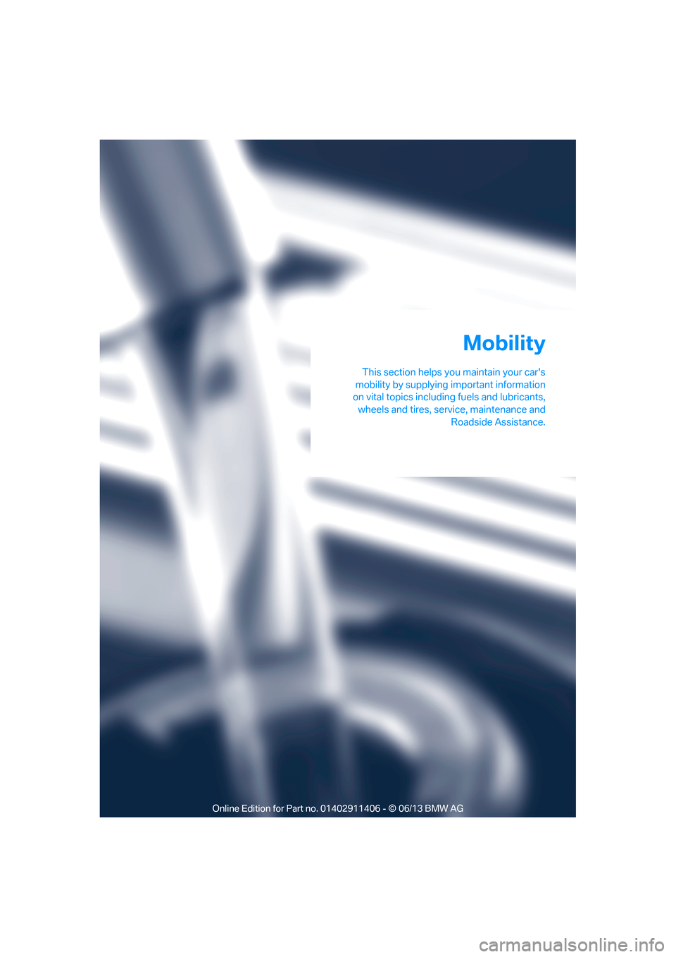 BMW M3 CONVERTIBLE 2013 E93 Owners Manual This section helps you maintain your cars
mobility by supplying important information
on vital topics including  fuels and lubricants,
wheels and tires, serv ice, maintenance and
Roadside Assistance.