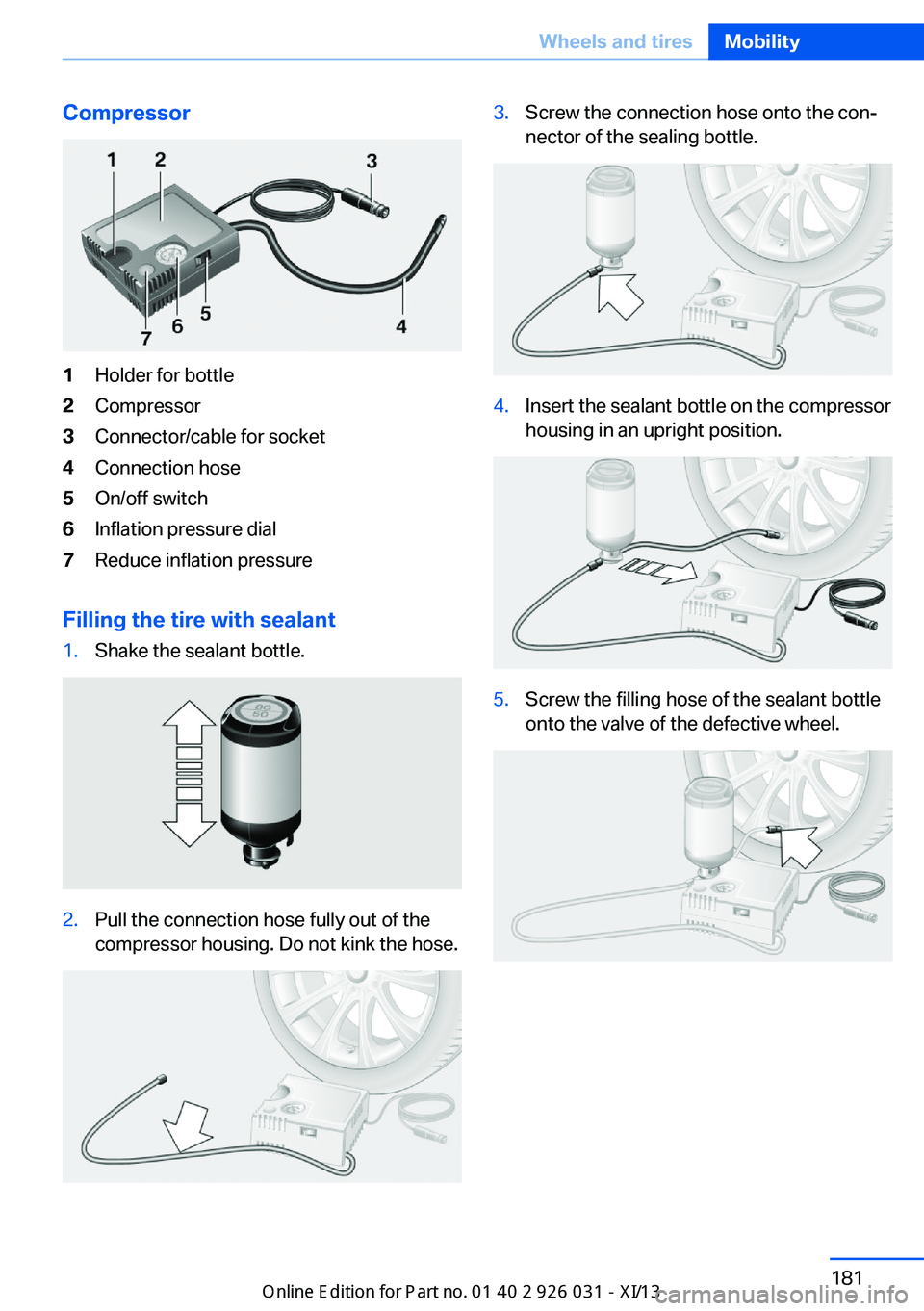 BMW M5 2013 F10 Owners Manual Compressor1Holder for bottle2Compressor3Connector/cable for socket4Connection hose5On/off switch6Inflation pressure dial7Reduce inflation pressure
Filling the tire with sealant
1.Shake the sealant bot