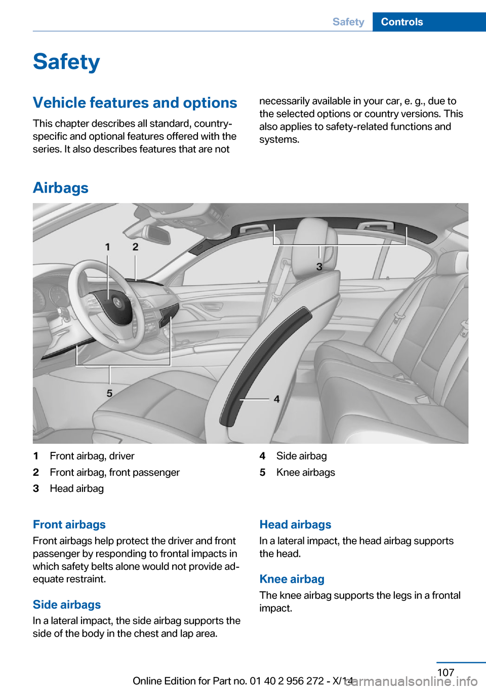 BMW ACTIVE HYBRID 5 2014 F10H Owners Manual SafetyVehicle features and options
This chapter describes all standard, country-
specific and optional features offered with the
series. It also describes features that are notnecessarily available in