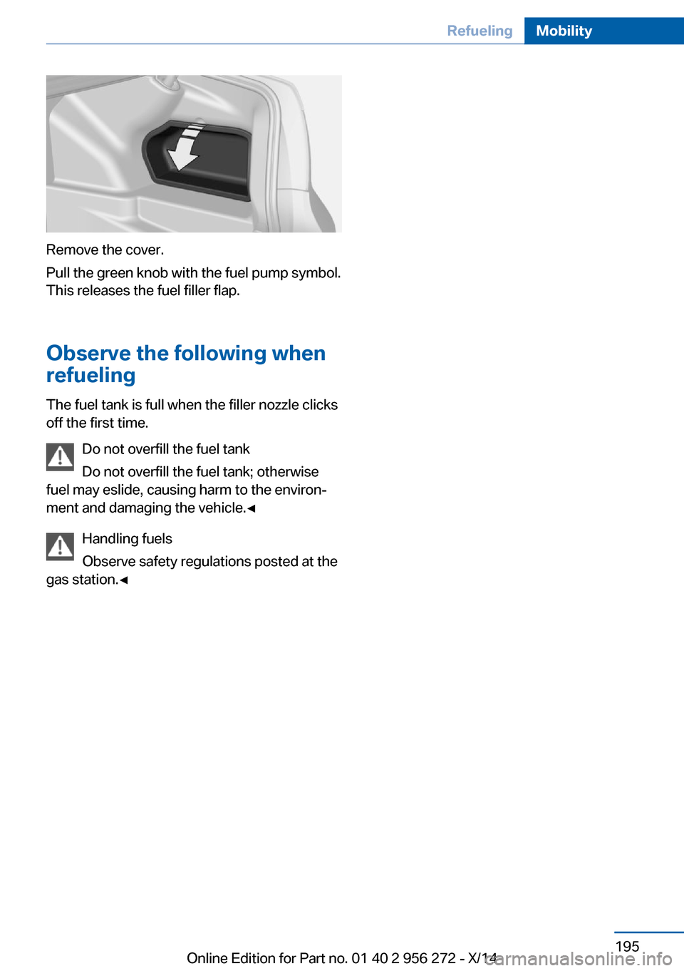 BMW ACTIVE HYBRID 5 2014 F10H Owners Manual Remove the cover.
Pull the green knob with the fuel pump symbol.
This releases the fuel filler flap.
Observe the following when
refueling
The fuel tank is full when the filler nozzle clicks
off the fi