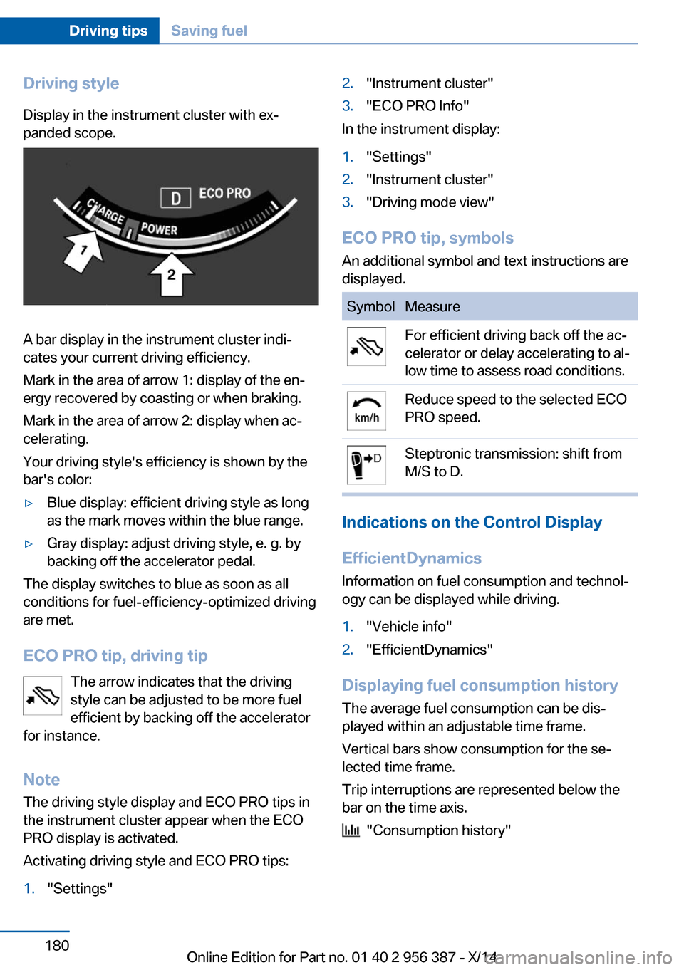BMW 6 SERIES COUPE 2014 F13 Owners Manual Driving styleDisplay in the instrument cluster with ex‐
panded scope.
A bar display in the instrument cluster indi‐
cates your current driving efficiency.
Mark in the area of arrow 1: display of t
