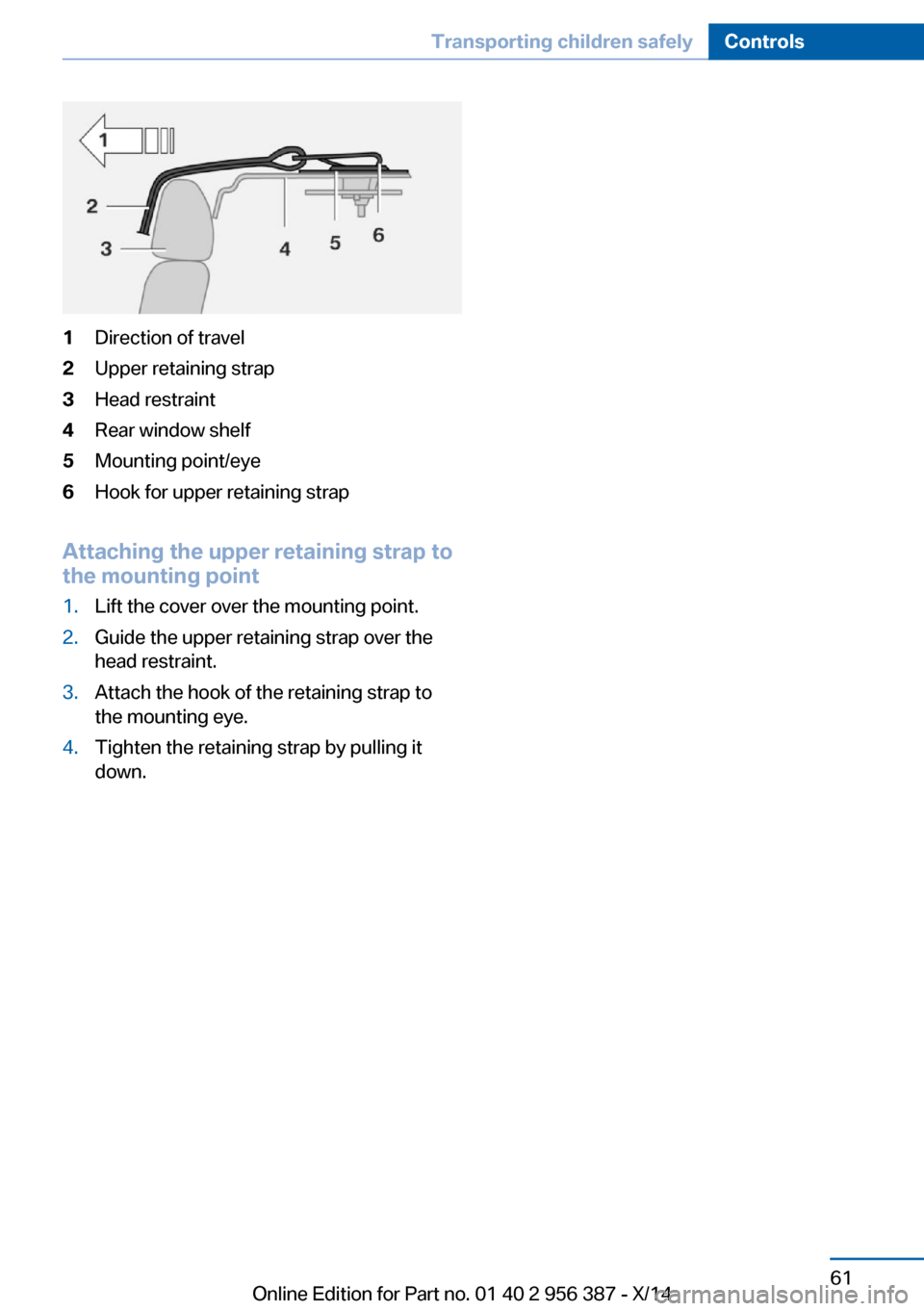 BMW 6 SERIES COUPE 2014 F13 Owners Manual 1Direction of travel2Upper retaining strap3Head restraint4Rear window shelf5Mounting point/eye6Hook for upper retaining strap
Attaching the upper retaining strap to
the mounting point
1.Lift the cover