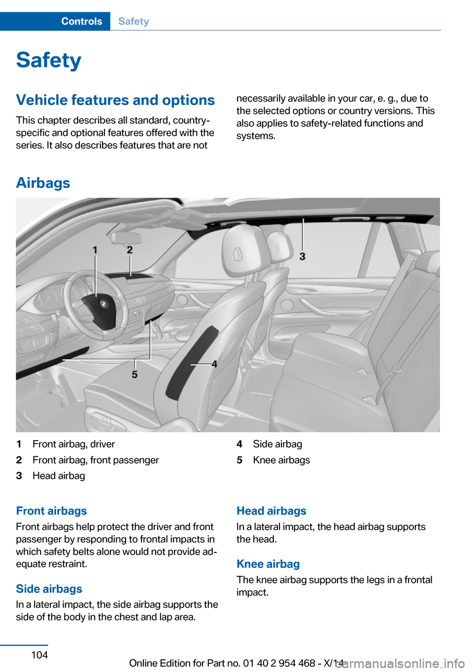 BMW X6 2014 F16 Owners Manual SafetyVehicle features and options
This chapter describes all standard, country-
specific and optional features offered with the
series. It also describes features that are notnecessarily available in