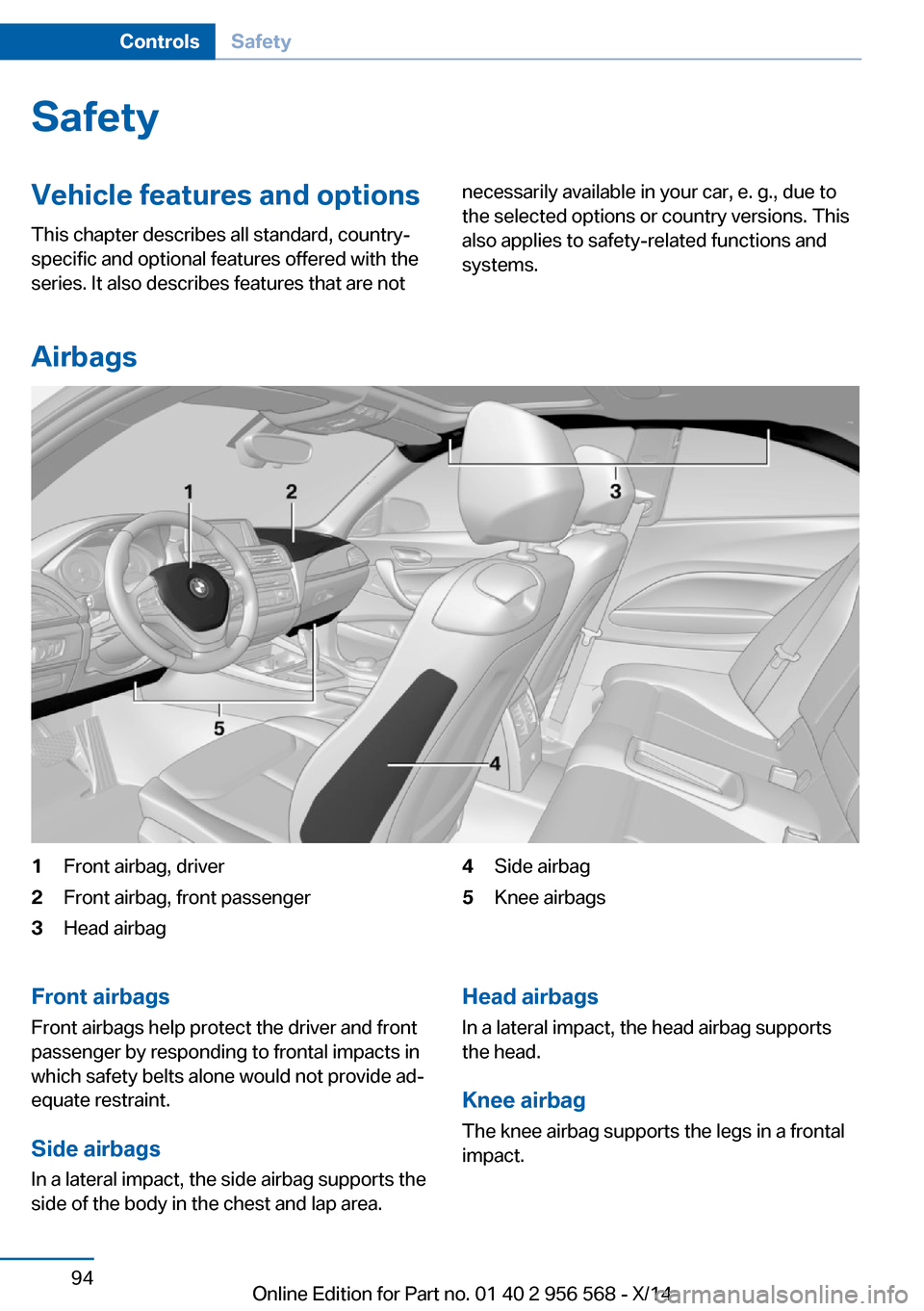 BMW 2 SERIES 2014 F22 Owners Manual SafetyVehicle features and options
This chapter describes all standard, country-
specific and optional features offered with the
series. It also describes features that are notnecessarily available in