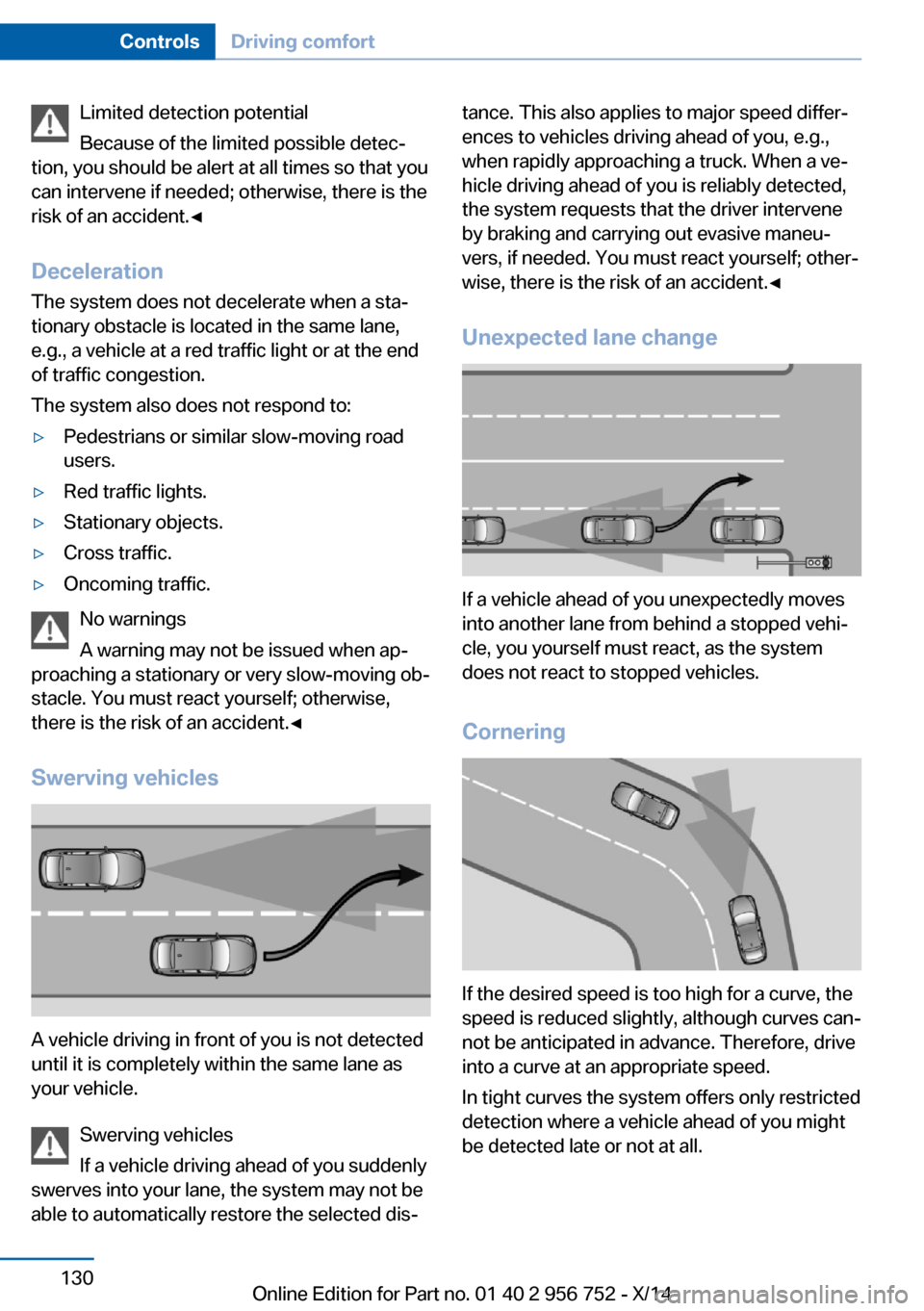 BMW 3 SERIES SPORTS WAGON 2014 F31 Owners Manual Limited detection potential
Because of the limited possible detec‐
tion, you should be alert at all times so that you
can intervene if needed; otherwise, there is the
risk of an accident.◀
Deceler BMW 3 SERIES SPORTS WAGON 2014 F31 Owners Manual Limited detection potential
Because of the limited possible detec‐
tion, you should be alert at all times so that you
can intervene if needed; otherwise, there is the
risk of an accident.◀
Deceler