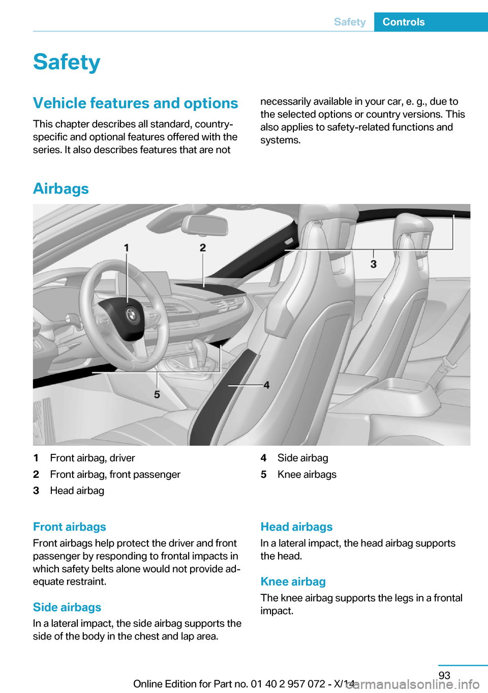 BMW I8 2014 I12 Owners Manual SafetyVehicle features and options
This chapter describes all standard, country-
specific and optional features offered with the
series. It also describes features that are notnecessarily available in
