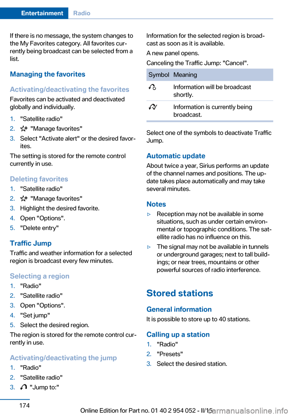 BMW X1 2015 E84 Owners Manual If there is no message, the system changes to
the My Favorites category. All favorites cur‐
rently being broadcast can be selected from a
list.
Managing the favorites
Activating/deactivating the fav