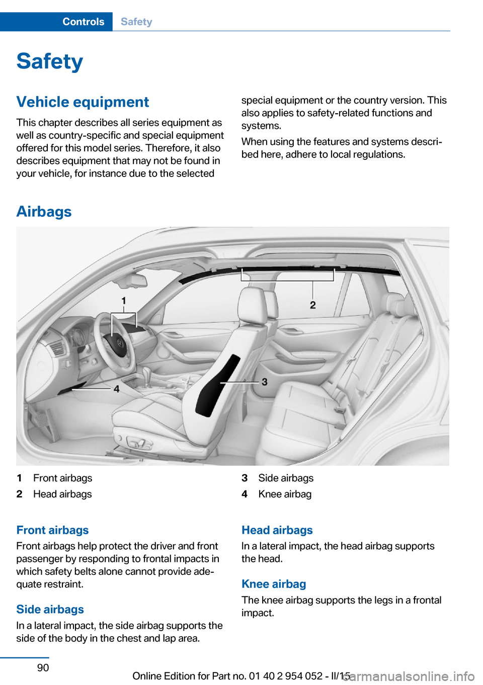 BMW X1 2015 E84 Owners Manual SafetyVehicle equipment
This chapter describes all series equipment as
well as country-specific and special equipment
offered for this model series. Therefore, it also
describes equipment that may not