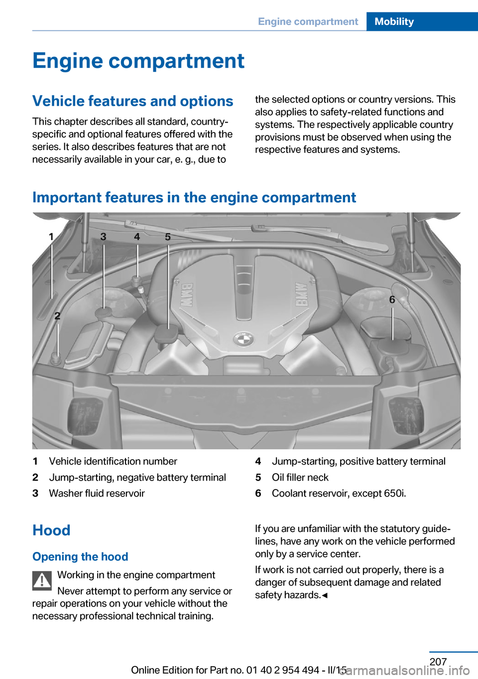 BMW 6 SERIES COUPE 2015 F13 Owners Manual Engine compartmentVehicle features and optionsThis chapter describes all standard, country-
specific and optional features offered with the
series. It also describes features that are not
necessarily 