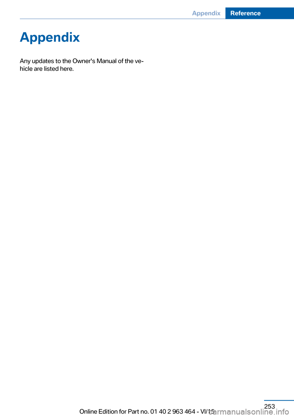BMW X6 2015 F16 Owners Manual AppendixAny updates to the Owners Manual of the ve‐
hicle are listed here.Seite 253AppendixReference253
Online Edition for Part no. 01 40 2 963 464 - VI/15 