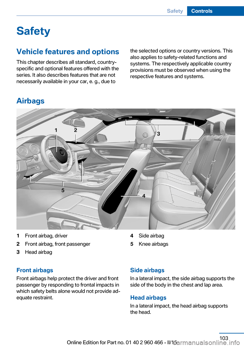 BMW ACTIVE HYBRID 3 2015 F30H Owners Manual SafetyVehicle features and options
This chapter describes all standard, country-
specific and optional features offered with the
series. It also describes features that are not
necessarily available i