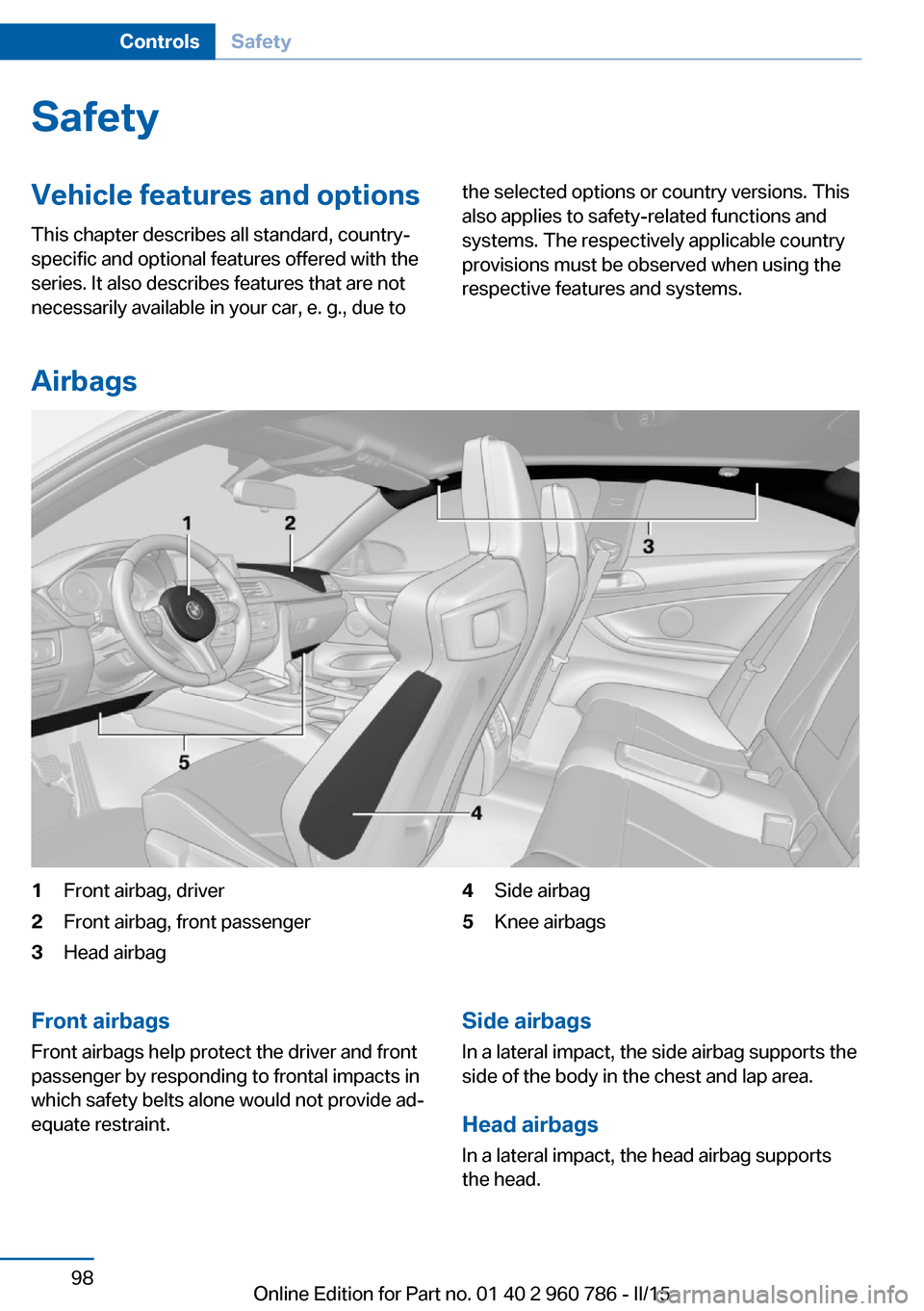 BMW M4 COUPE 2015 F82 Owners Manual SafetyVehicle features and options
This chapter describes all standard, country-
specific and optional features offered with the
series. It also describes features that are not
necessarily available i