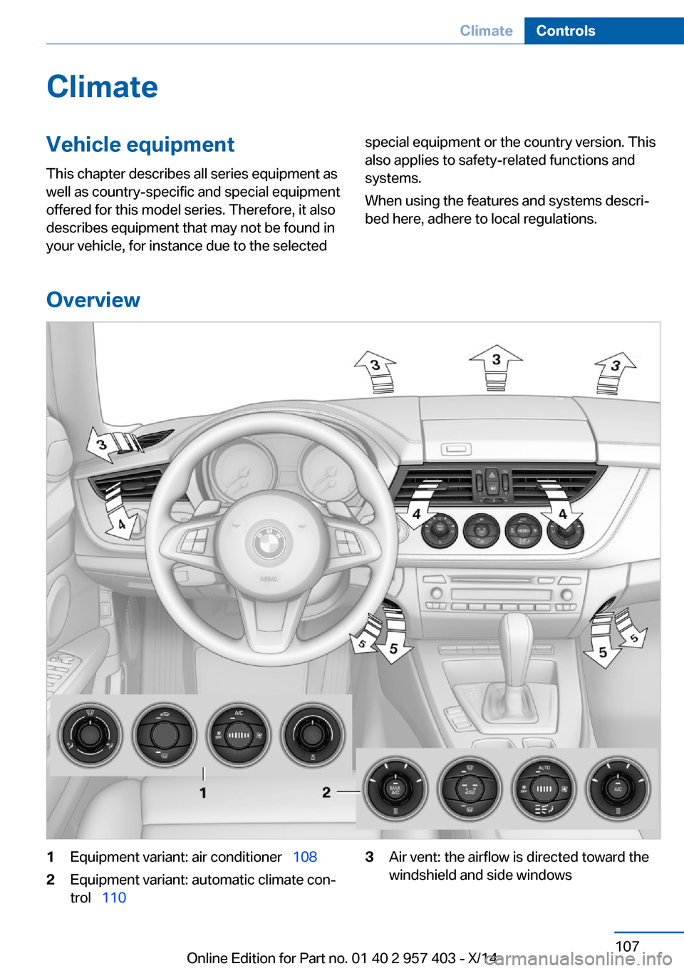 BMW Z4 2016 E89 Owners Manual ClimateVehicle equipmentThis chapter describes all series equipment as
well as country-specific and special equipment
offered for this model series. Therefore, it also
describes equipment that may not