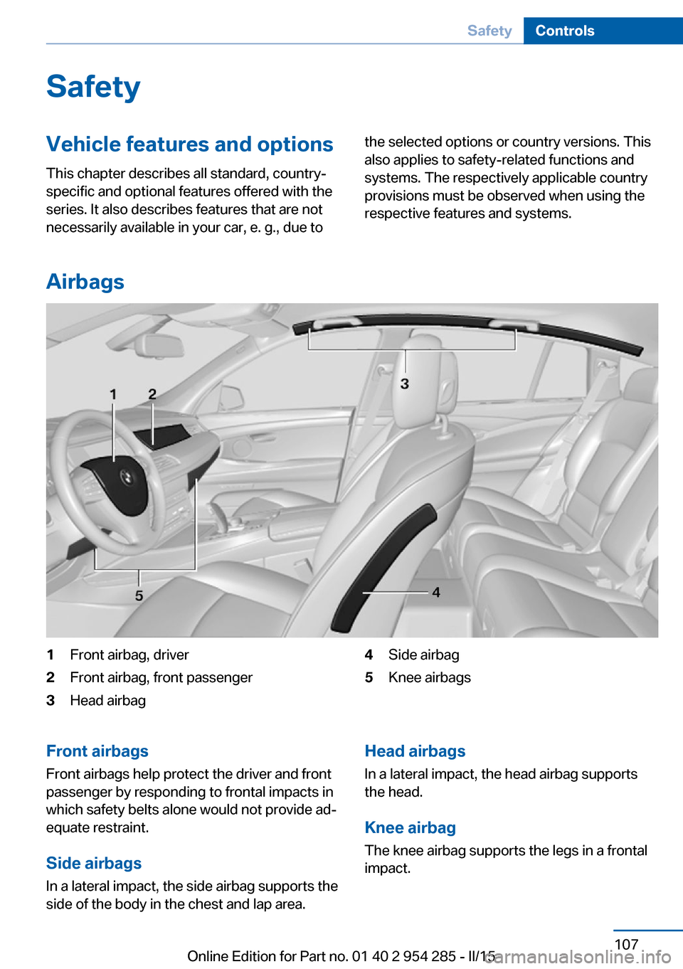 BMW 5 SERIES GRAN TURISMO 2016 F07 Owners Manual SafetyVehicle features and options
This chapter describes all standard, country-
specific and optional features offered with the
series. It also describes features that are not
necessarily available i