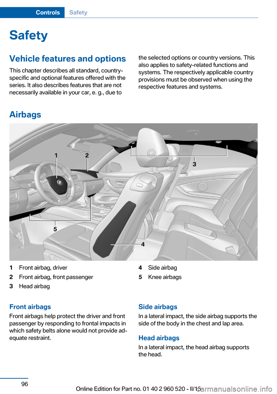 BMW 4 SERIES COUPE 2016 F32 Owners Manual SafetyVehicle features and options
This chapter describes all standard, country-
specific and optional features offered with the
series. It also describes features that are not
necessarily available i