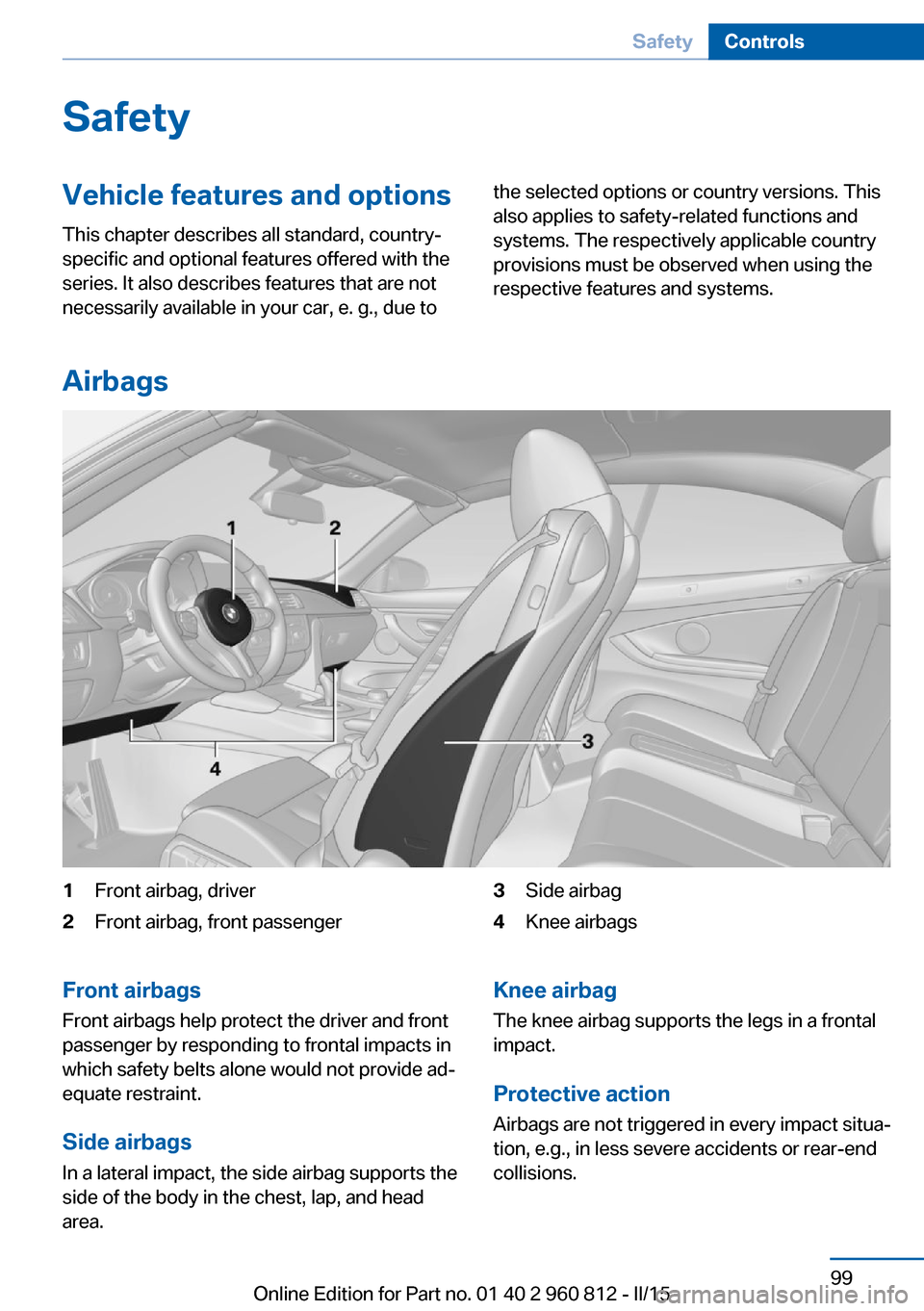 BMW M4 CONVERTIBLE 2016 F83 Owners Manual SafetyVehicle features and options
This chapter describes all standard, country-
specific and optional features offered with the
series. It also describes features that are not
necessarily available i