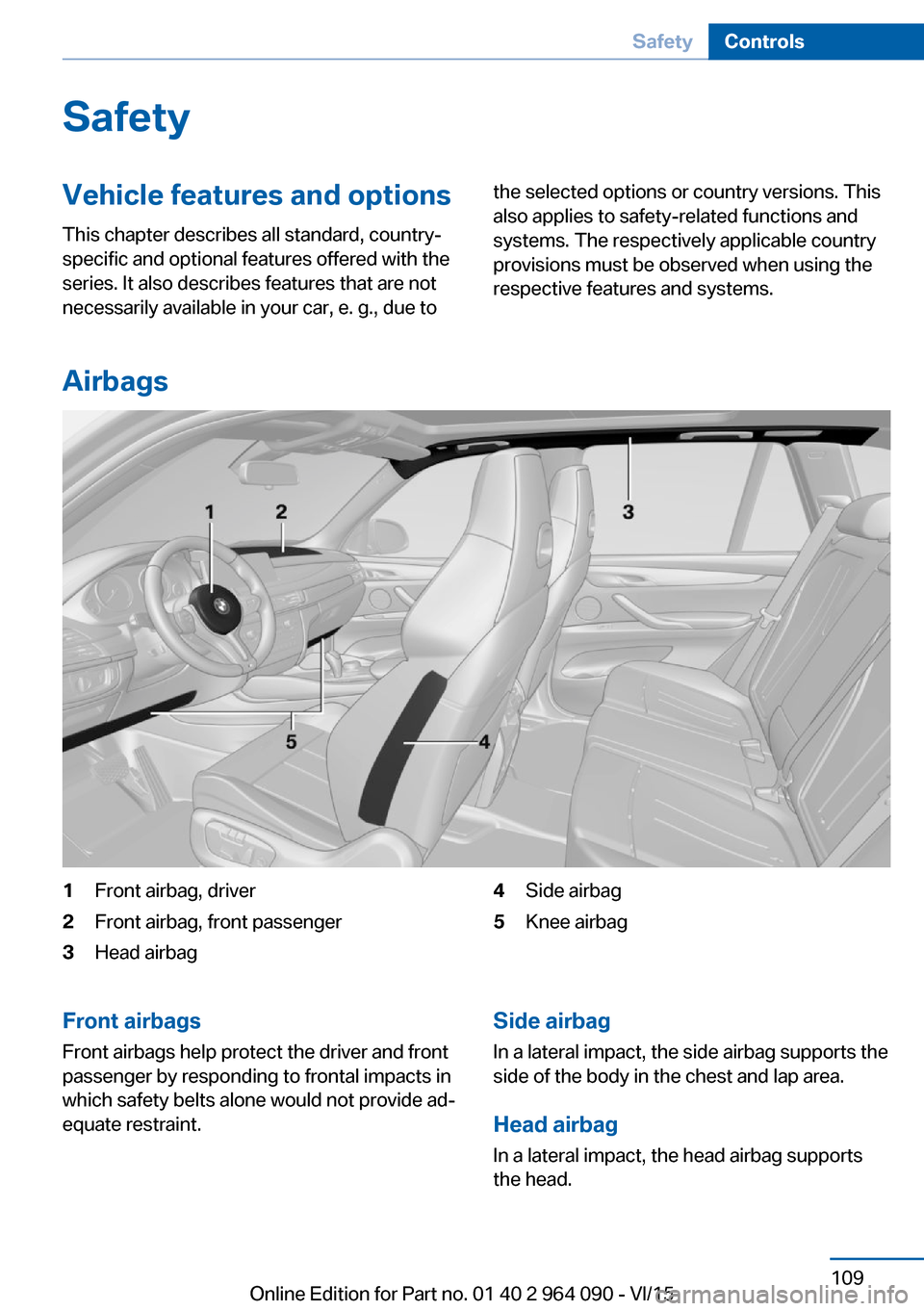 BMW X5M 2016 F85 Owners Manual SafetyVehicle features and options
This chapter describes all standard, country-
specific and optional features offered with the
series. It also describes features that are not
necessarily available i