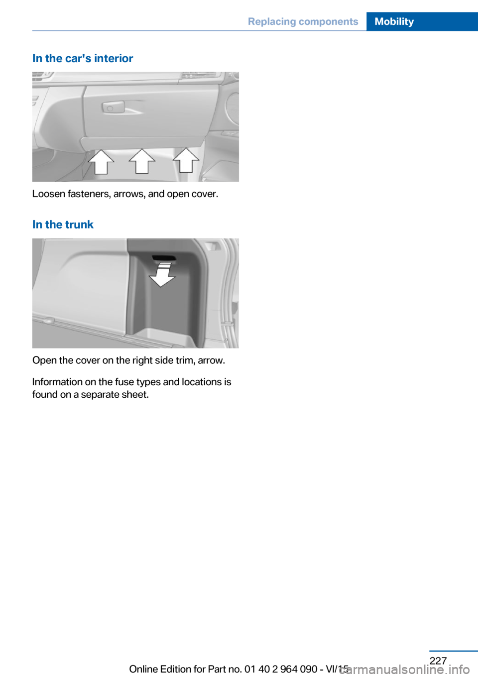 BMW X5M 2016 F85 Owners Manual In the cars interior
Loosen fasteners, arrows, and open cover.In the trunk
Open the cover on the right side trim, arrow.
Information on the fuse types and locations is
found on a separate sheet.
Seit