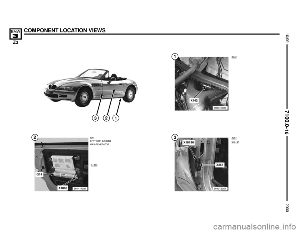 BMW Z3M ROADSTER 2000 E36 Electrical Troubleshooting Manual X1883
X142
COMPONENT LOCATION VIEWS





G14
LEFT SIDE AIR BAG
GAS GENERATORX257
X18196





 