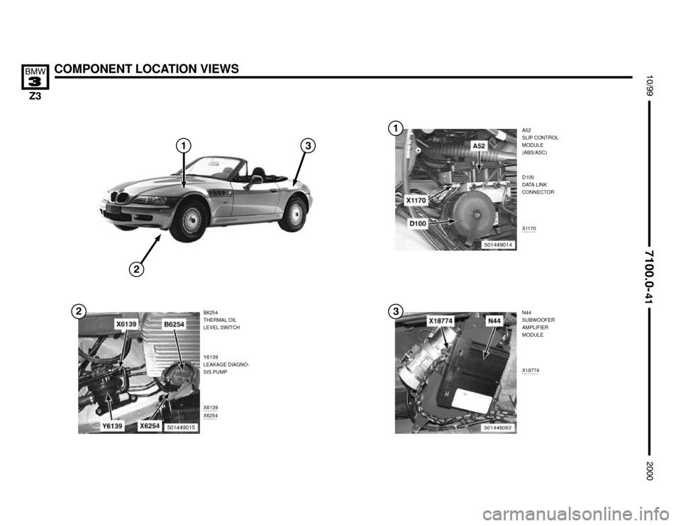 BMW Z3M COUPE 2000 E36 Electrical Troubleshooting Manual COMPONENT LOCATION VIEWS




A52
SLIP CONTROL
MODULE
(ABS/ASC)
B6254
THERMAL OIL
LEVEL SWITCH
X6139
X6254
X1170



X18774
N44
SUBWOOFER
AMPLIFIER
MODULE


D100
DATA LI