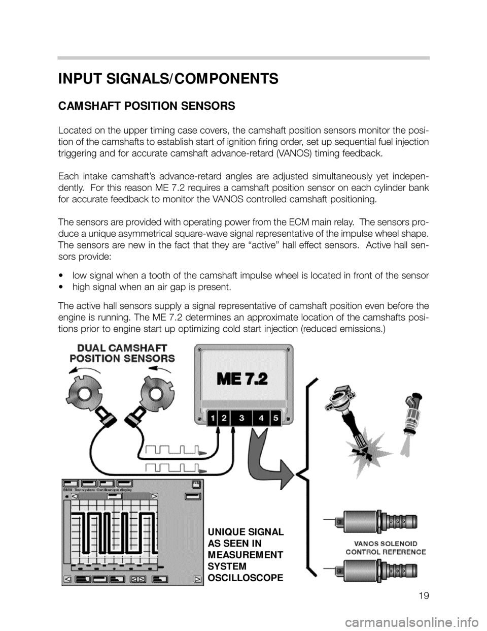 BMW 535i 2000 E39 M62TU Engine Workshop Manual 19
INPUT SIGNALS/COMPONENTS 
CAMSHAFT POSITION SENSORS
Located on the upper timing case covers, the camshaft position sensors monitor the posi-
tion of the camshafts to establish start of ignition fir