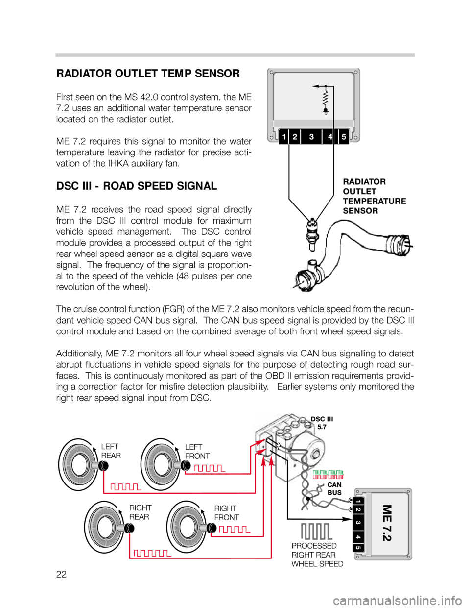 BMW 535i 2000 E39 M62TU Engine Workshop Manual 22
RADIATOR OUTLET TEMP SENSOR
First seen on the MS 42.0 control system, the ME
7.2  uses  an  additional  water  temperature  sensor
located on the radiator outlet.
ME  7.2  requires  this  signal  t