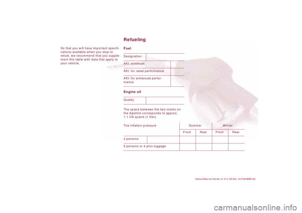 BMW 323i SEDAN 2000 E46 Owners Manual So that you will have important specifi-
cations available when you stop to 
refuel, we recommend that you supple-
ment this table with data that apply to 
your vehicle. 
Fuel 
Engine oil The space be