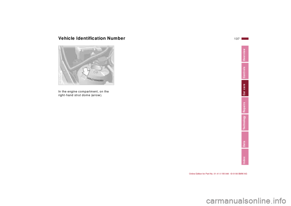 BMW 323Ci CONVERTIBLE 2000 E46 Owners Manual 137n
IndexDataTechnologyRepairsCar careControlsOverview
Vehicle Identification NumberIn the engine compartment, on the 
right-hand strut dome (arrow). 462de247 