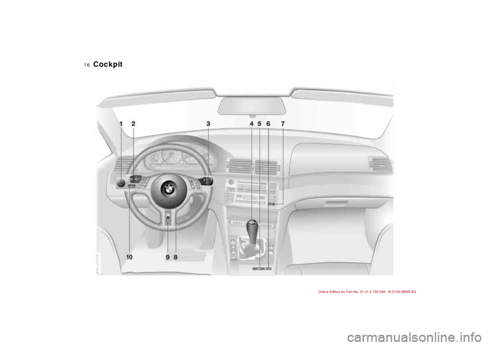 BMW 323Ci CONVERTIBLE 2000 E46 Owners Manual  
16n
46cus030
 
Cockpit 