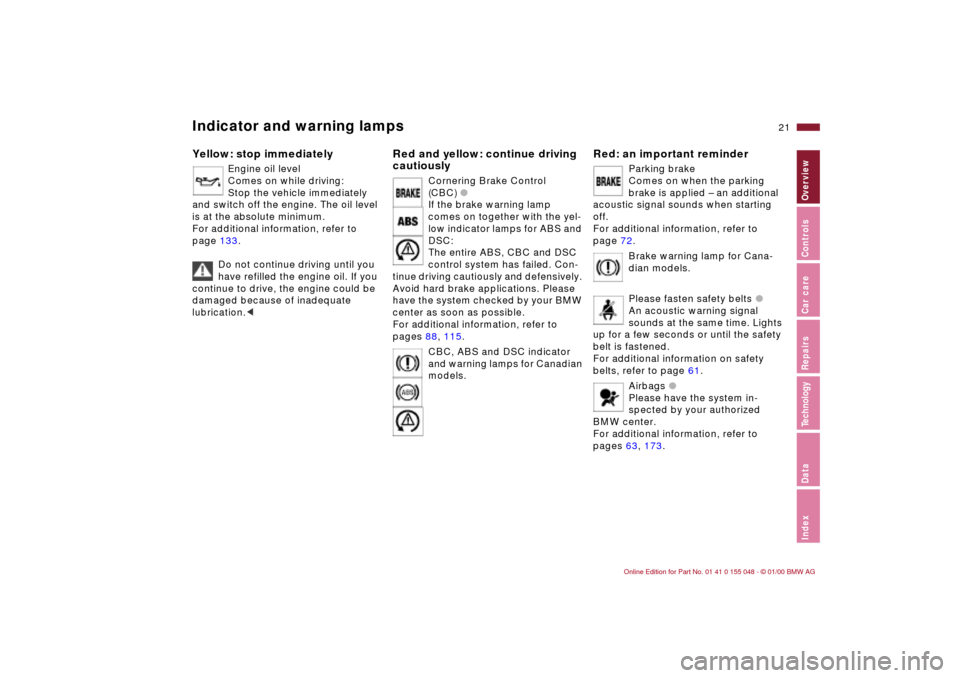 BMW 323Ci CONVERTIBLE 2000 E46 Owners Manual 21n
IndexDataTechnologyRepairsCar careControlsOverview
Indicator and warning lampsYellow: stop immediately
Engine oil level
 
Comes on while driving: 
Stop the vehicle immediately 
and switch off the 
