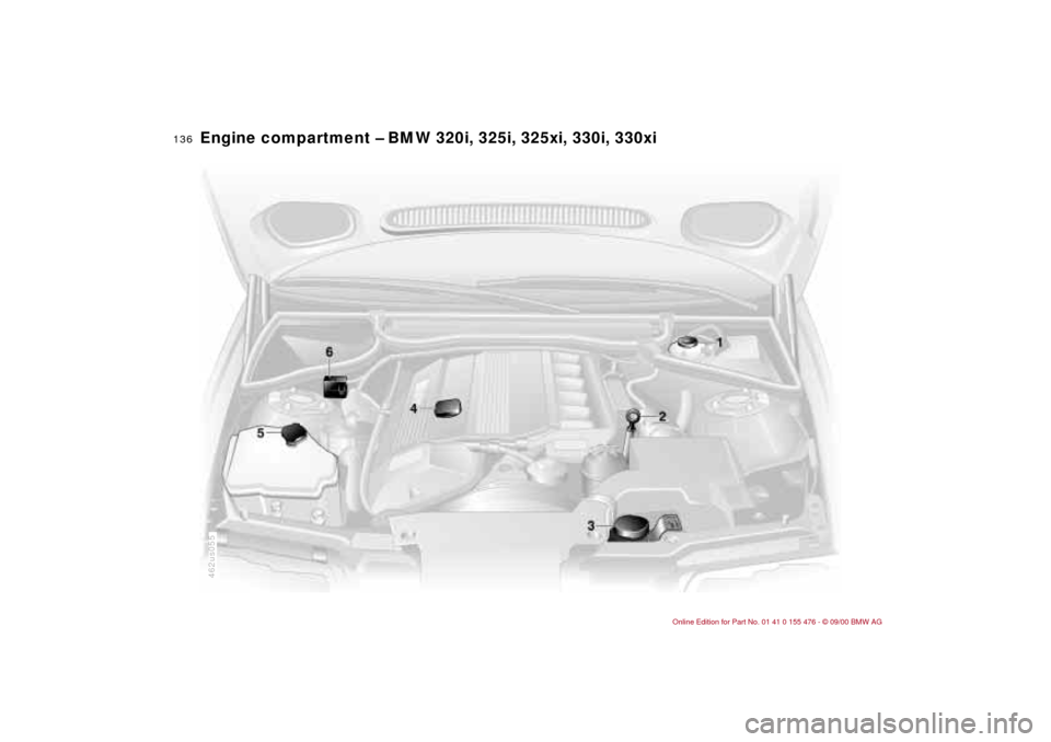 BMW 325i SEDAN 2001 E46 Owners Manual 136n
Engine compartment Ð BMW 320i, 325i, 325xi, 330i, 330xi 
462us055 
