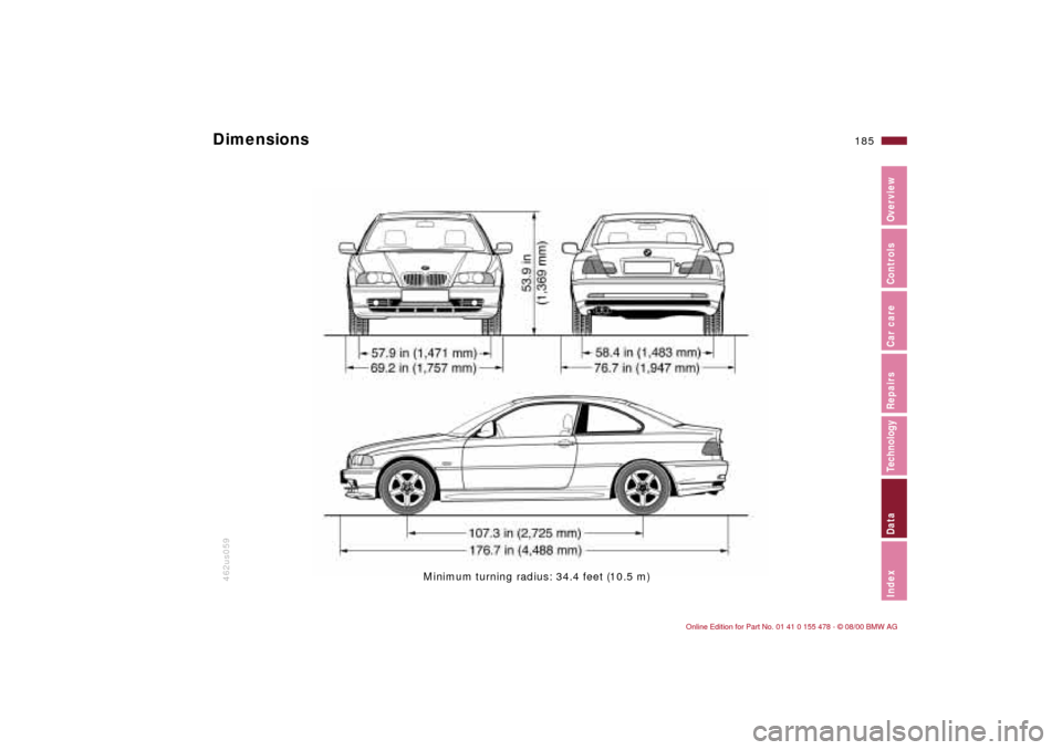 BMW 325Ci COUPE 2001 E46 Owners Manual 185n
IndexDataTechnologyRepairsCar careControlsOverview
462us059
Minimum turning radius: 34.4 feet (10.5 m)
Dimensions  