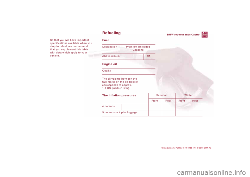 BMW 325Ci COUPE 2001 E46 Owners Manual So that you will have important 
specifications available when you 
stop to refuel, we recommend 
that you supplement this table 
with data which apply to your 
vehicle. 
Fuel 
Engine oil The oil volu
