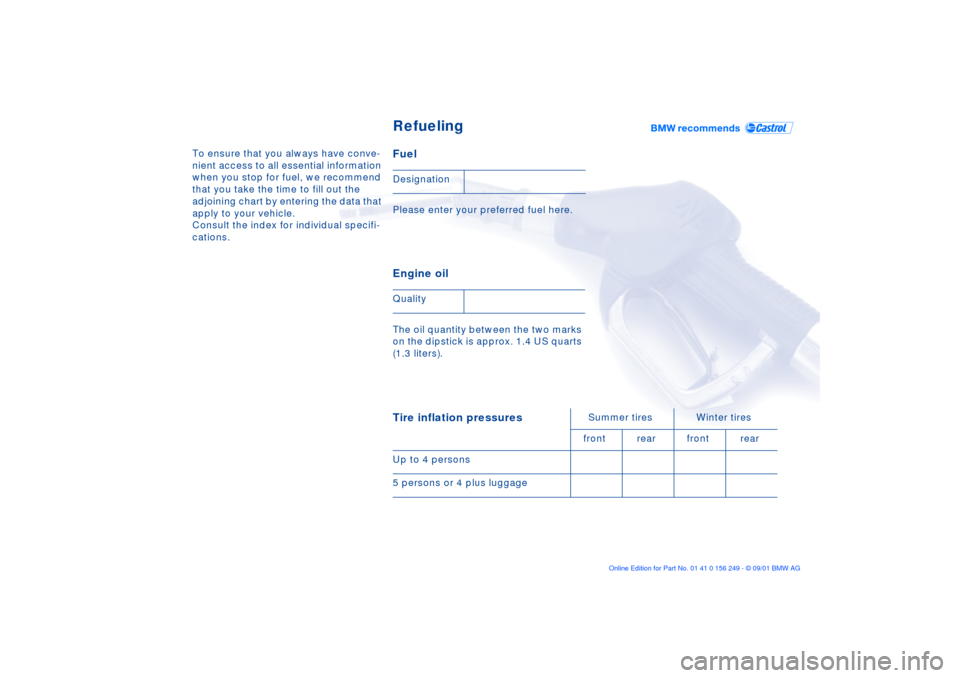 BMW M3 CONVERTIBLE 2002 E46 Owners Manual To ensure that you always have conve-
nient access to all essential information 
when you stop for fuel, we recommend 
that you take the time to fill out the 
adjoining chart by entering the data that