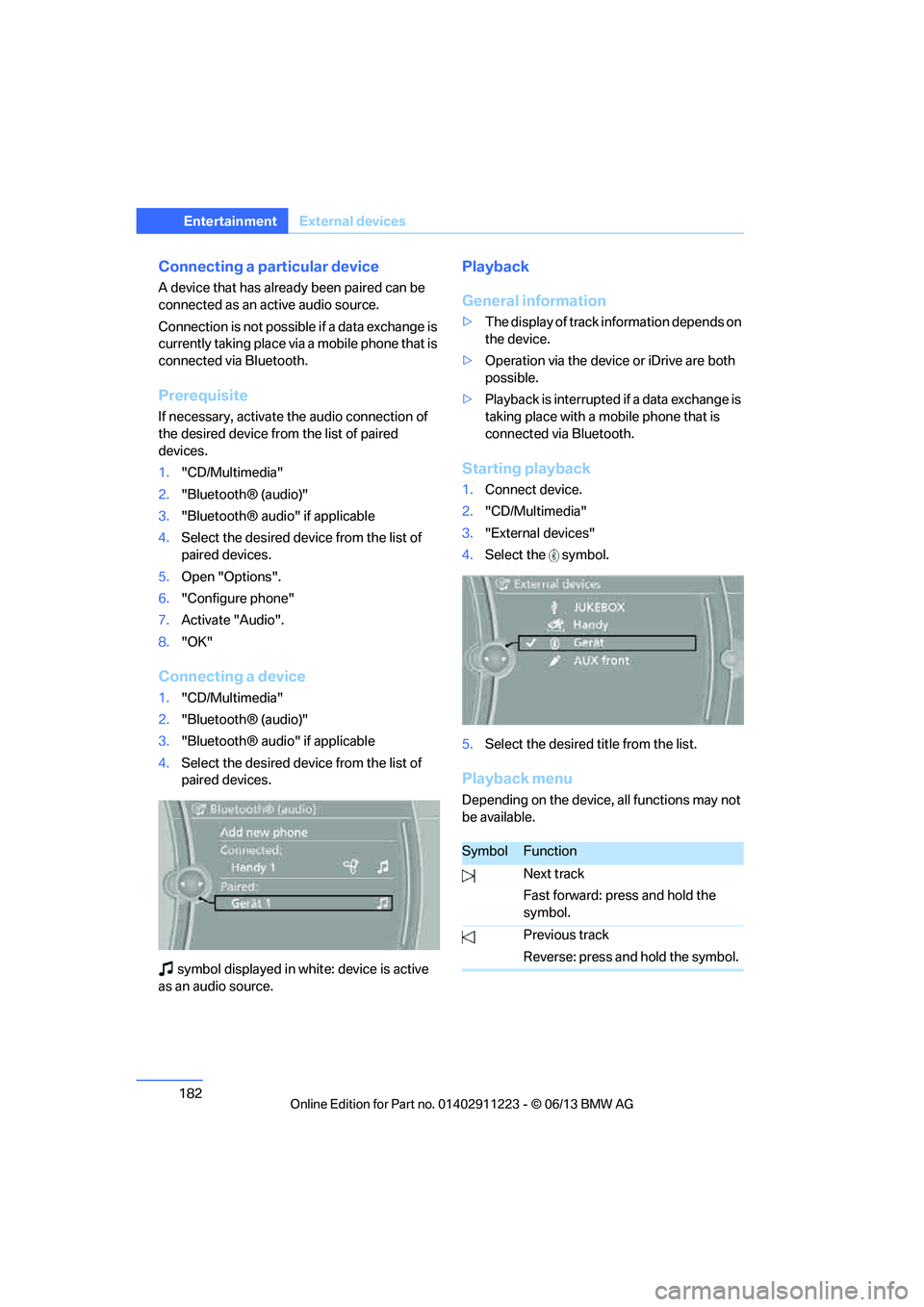 BMW 135IS CONVERTIBLE 2013  Owners Manual 182
EntertainmentExternal devices
Connecting a particular device
A device that has already been paired can be 
connected as an active audio source.
Connection is not possible if a data exchange is 
cu